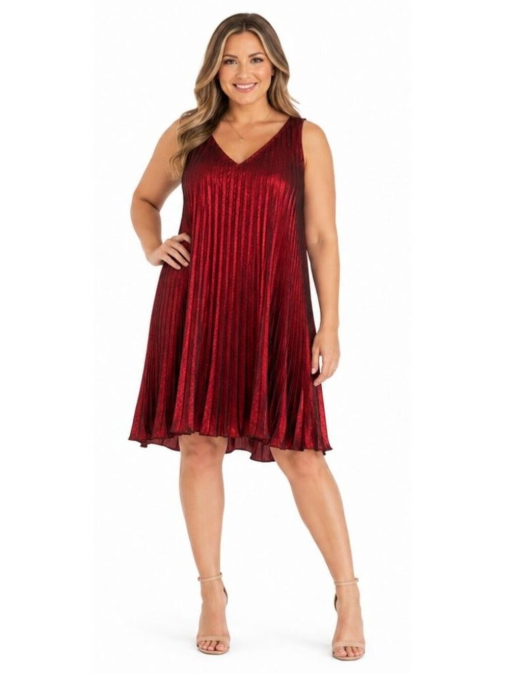 New SLNY Size 16 Deep Red Pleated Velvet Sleeveless Dress